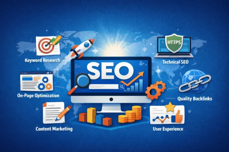 SEO digital marketing concept with technical SEO, backlinks, and user experience elements