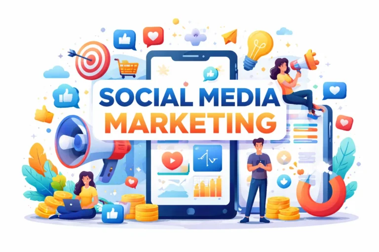 social media marketing strategy with engagement, analytics, and growth illustration